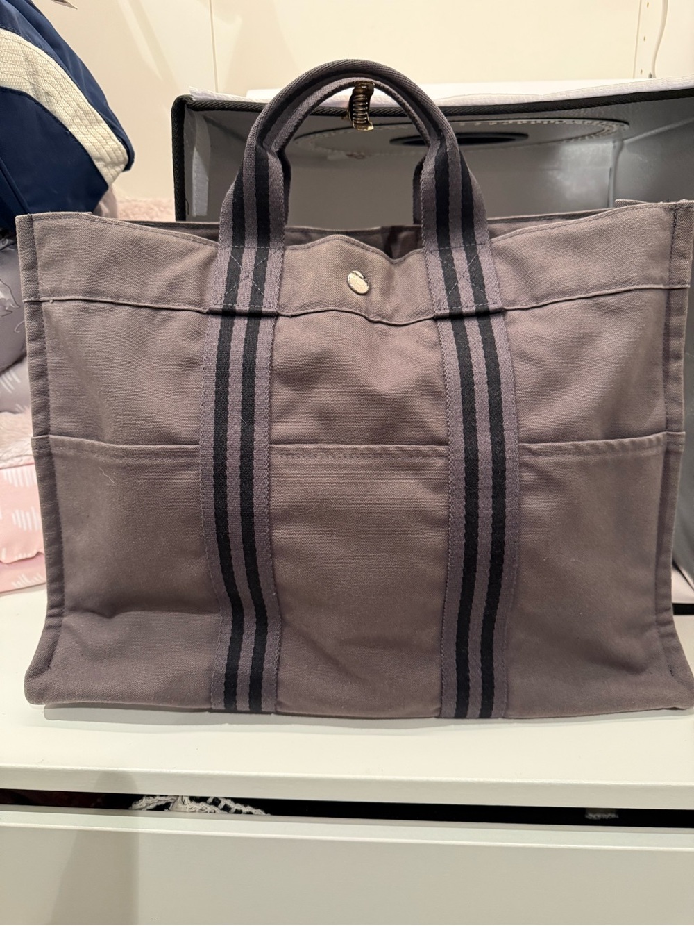 Hermès Fourre-Tout Grey Canvas Tote with Black Stripes
